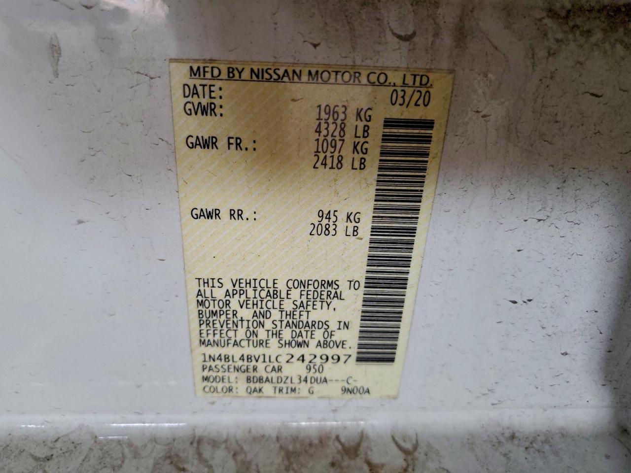 2020 Nissan Altima S VIN: 1N4BL4BV1LC242997 Lot: 93954595