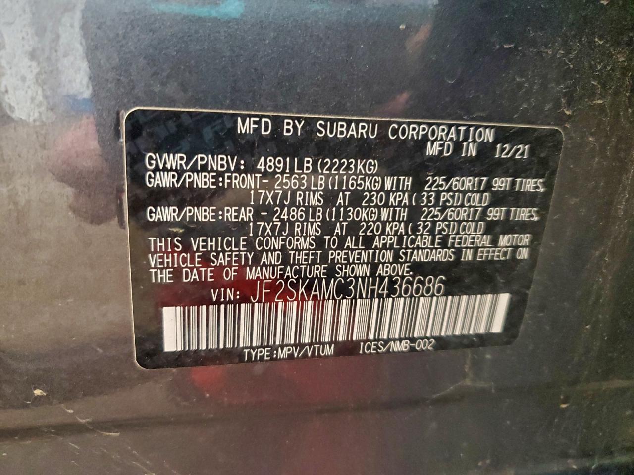 2022 Subaru Forester Wilderness VIN: JF2SKAMC3NH436686 Lot: 94318675