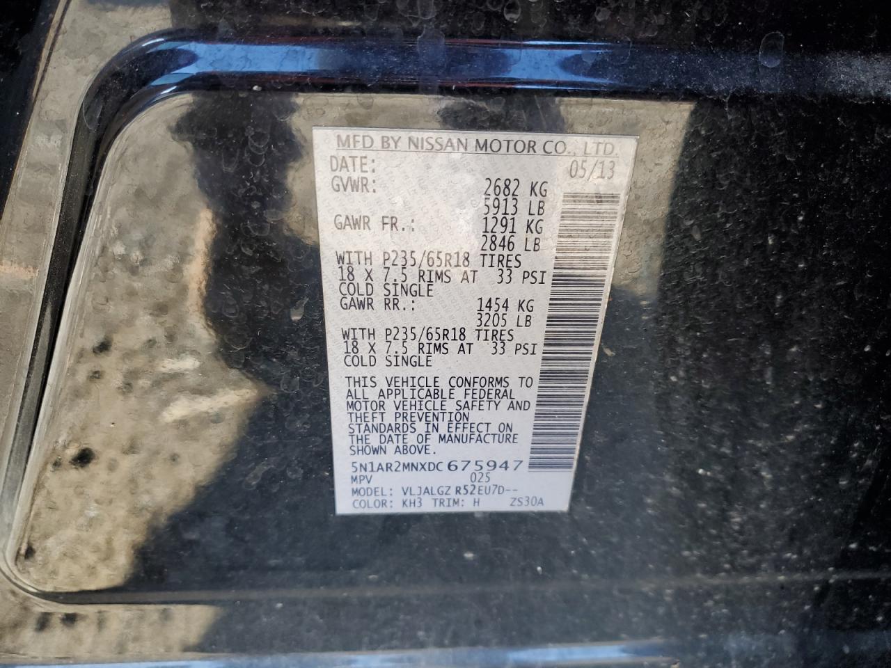 2013 Nissan Pathfinder S VIN: 5N1AR2MNXDC675947 Lot: 91838315