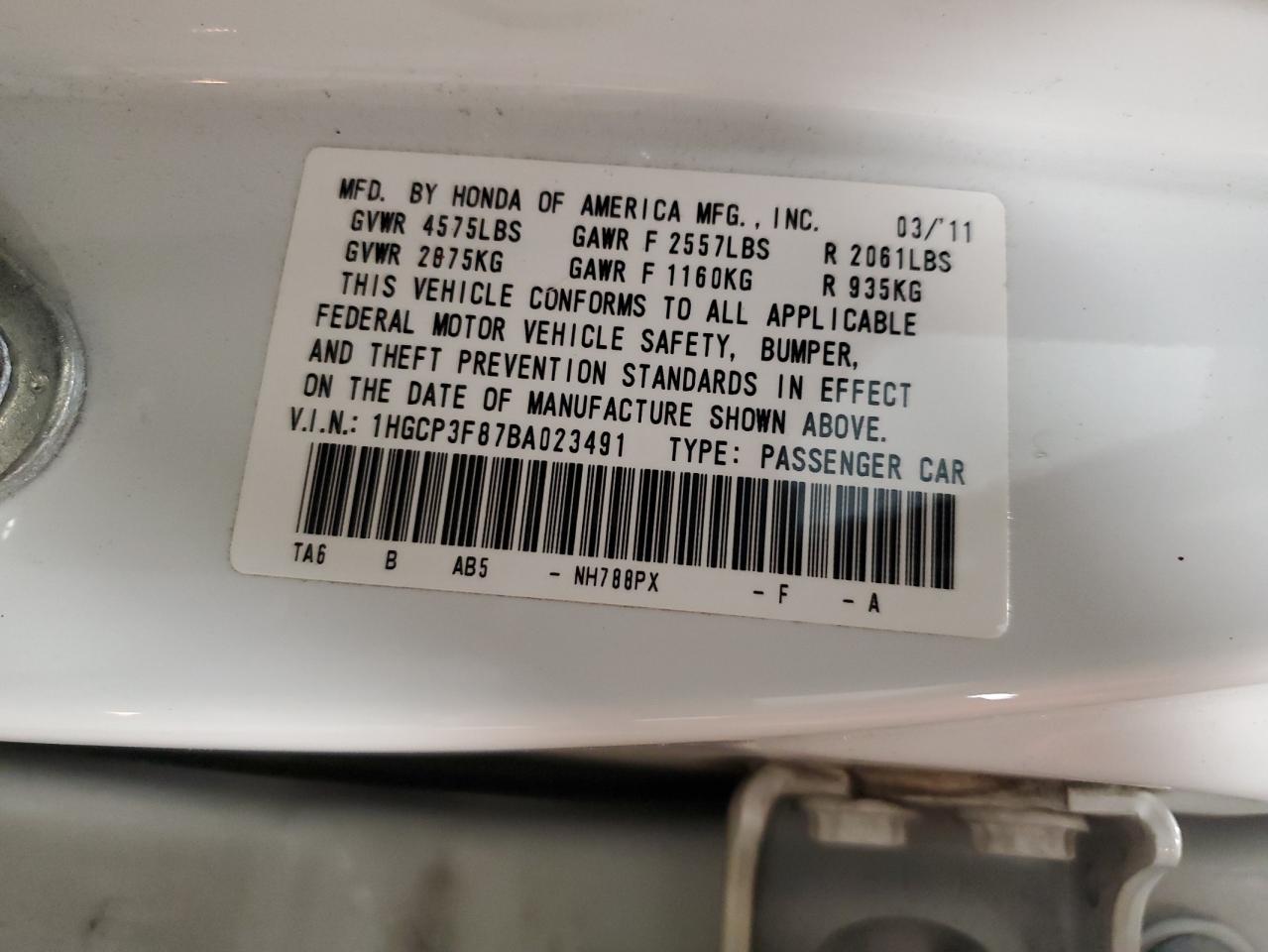 2011 Honda Accord Exl VIN: 1HGCP3F87BA023491 Lot: 93598555