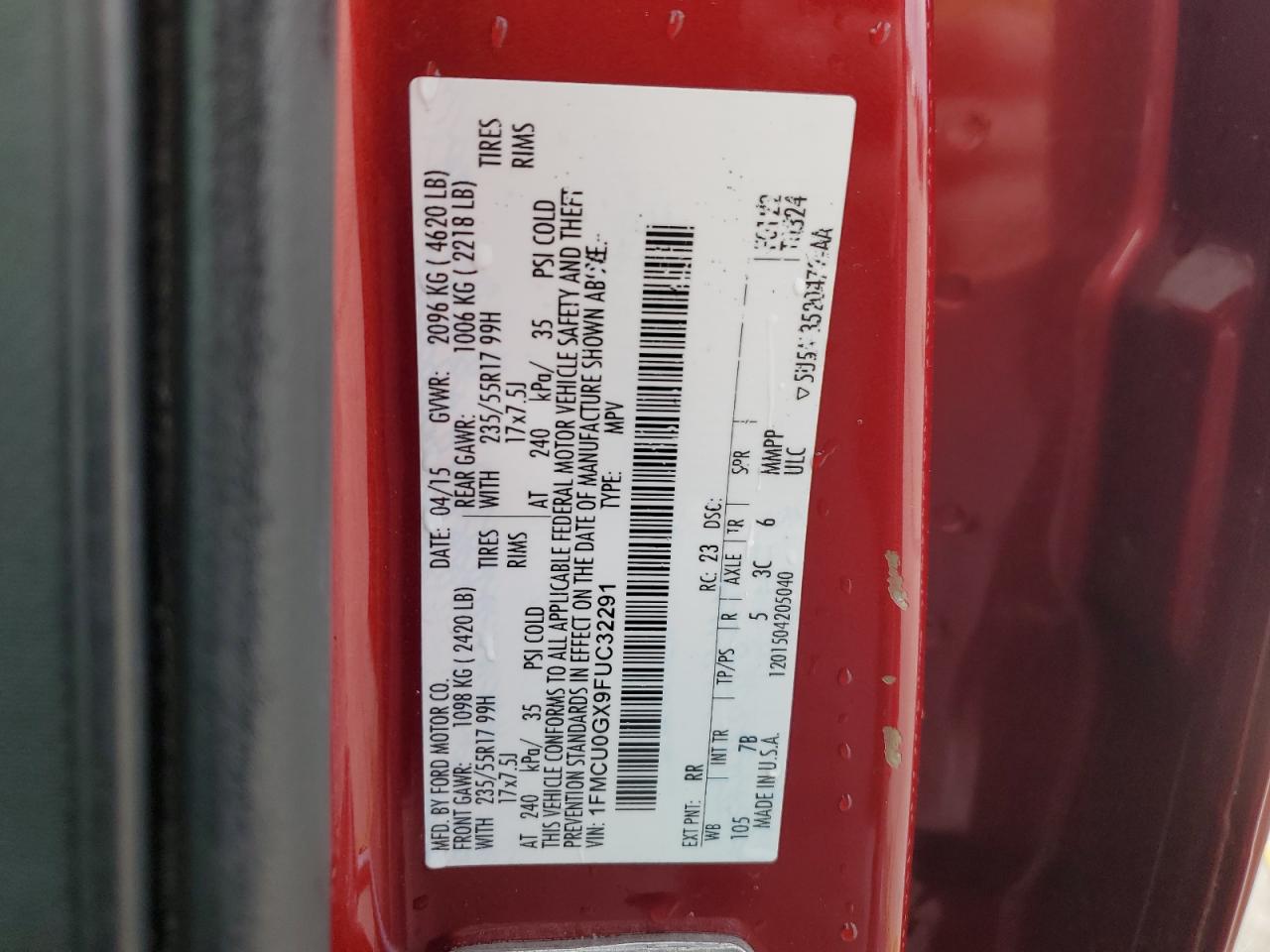 2015 Ford Escape Se VIN: 1FMCU0GX9FUC32291 Lot: 91720905