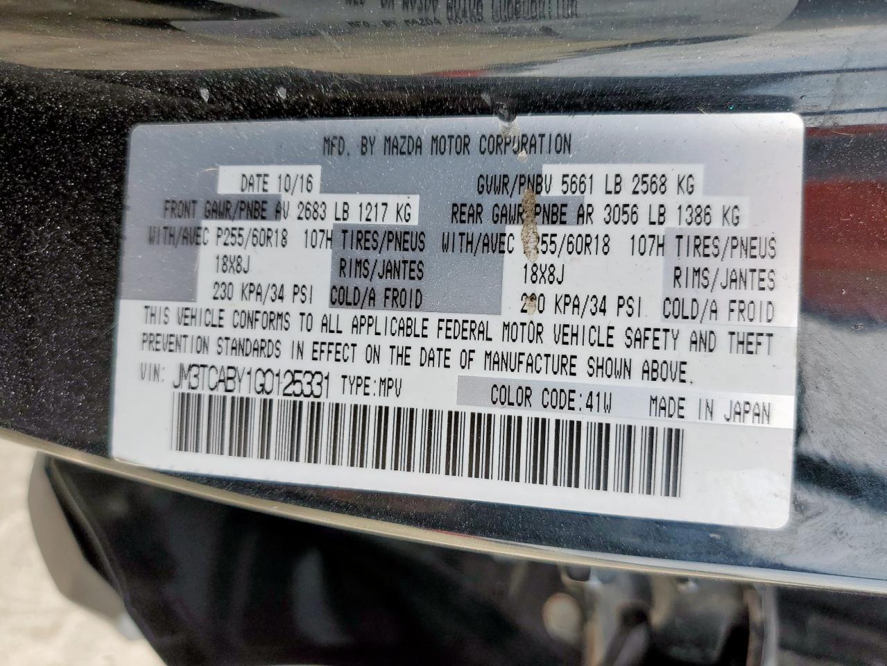 2016 Mazda Cx-9 Touring VIN: JM3TCABY1G0125331 Lot: 91941735