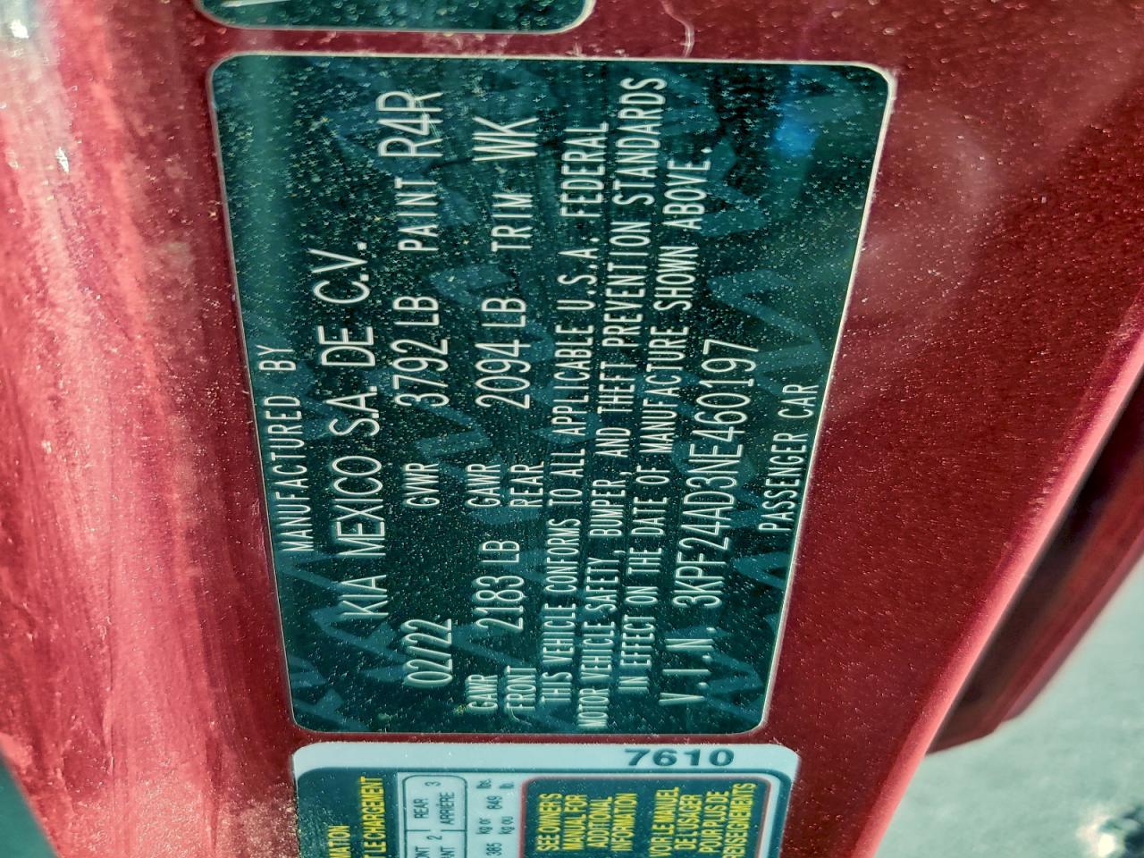 2022 Kia Forte Fe VIN: 3KPF24AD3NE460197 Lot: 91833865