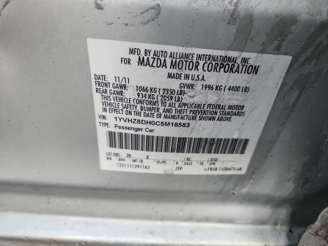 2012 Mazda 6 I VIN: 1YVHZ8DH0C5M18583 Lot: 93117195