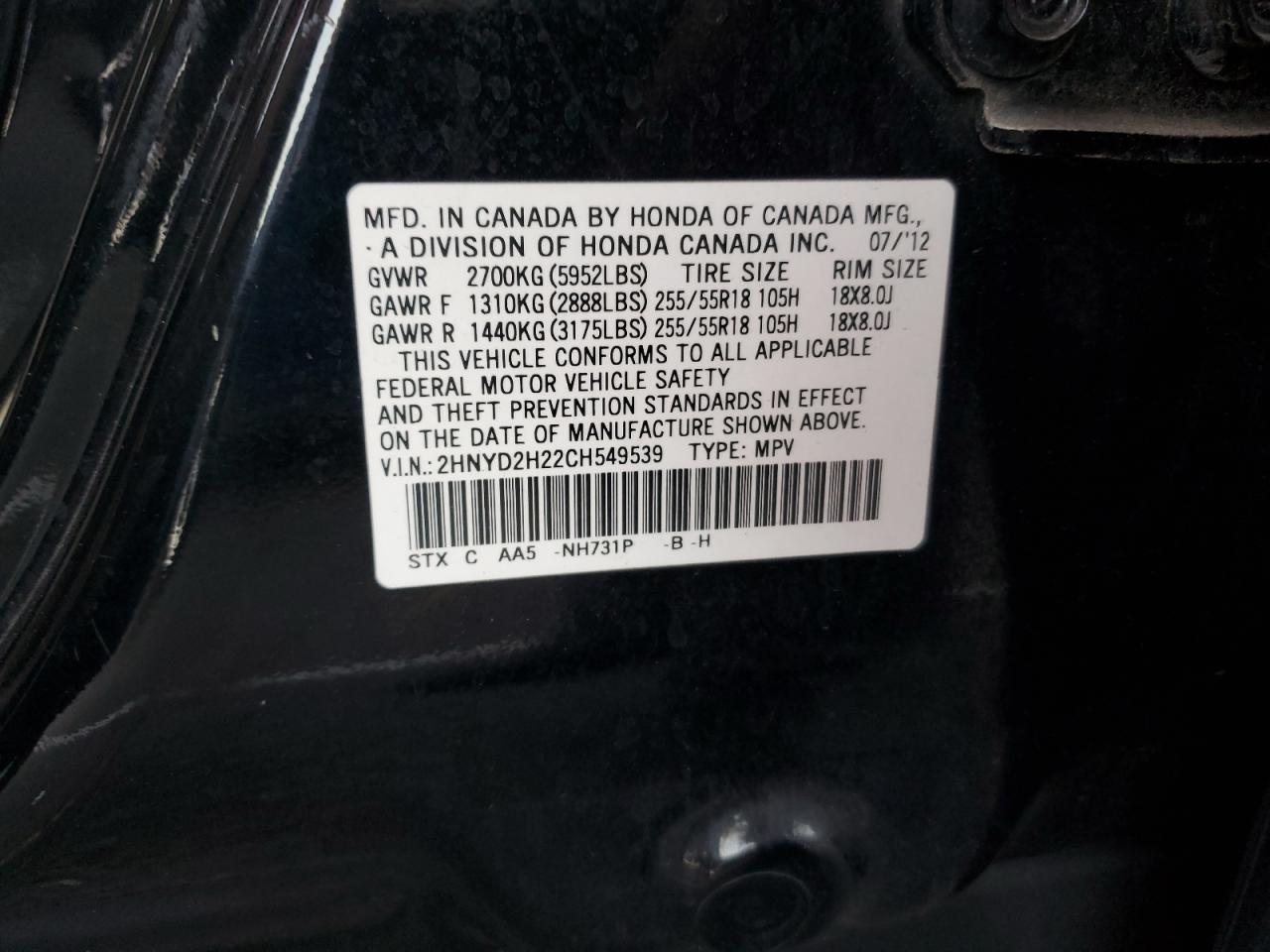 2012 Acura Mdx VIN: 2HNYD2H22CH549539 Lot: 91481545