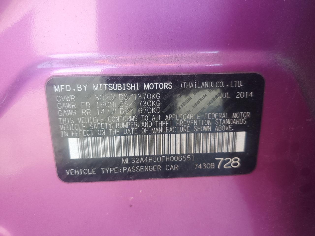 2015 Mitsubishi Mirage Es VIN: ML32A4HJ0FH006551 Lot: 92645735