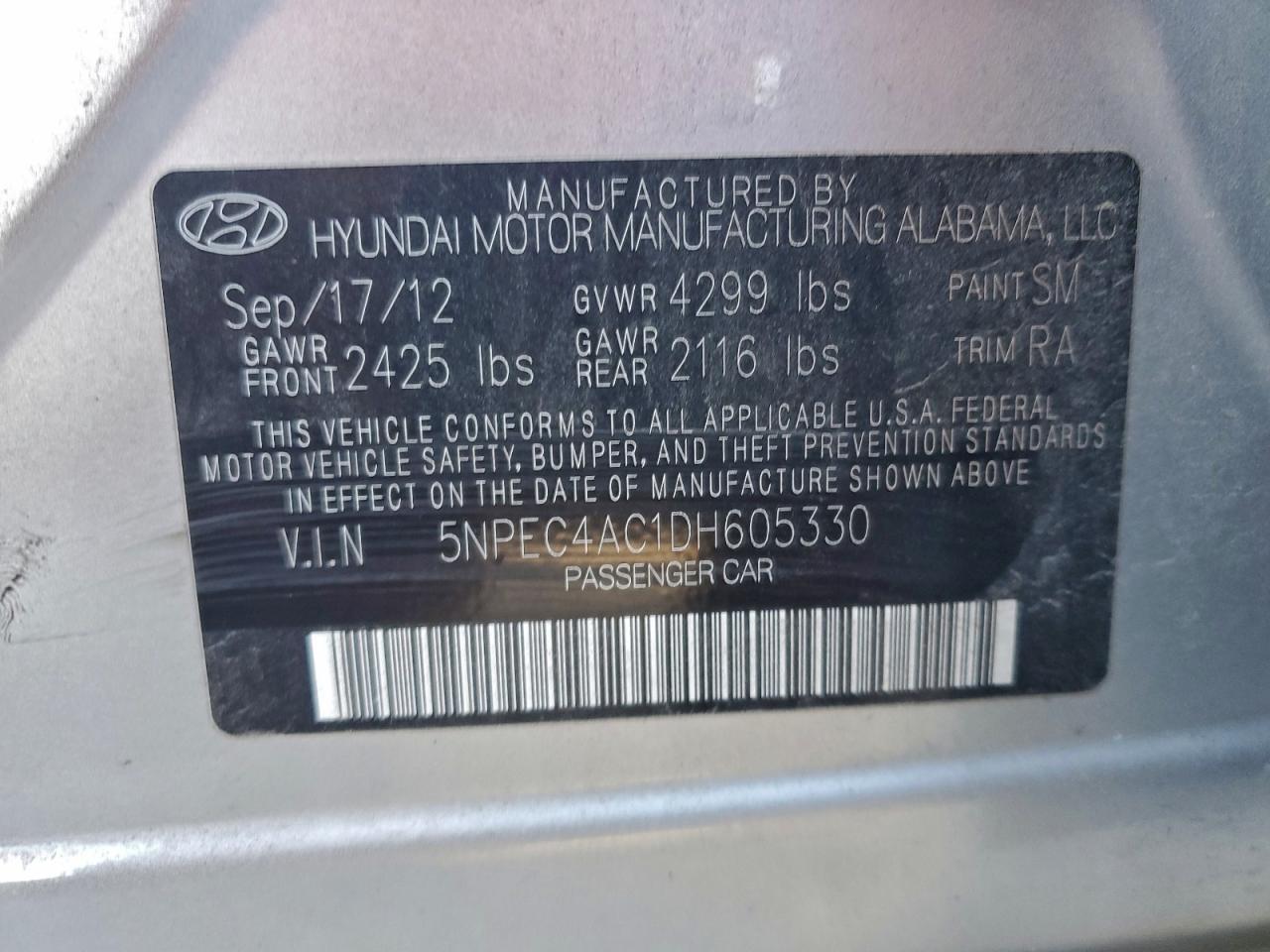 2013 Hyundai Sonata Se VIN: 5NPEC4AC1DH605330 Lot: 94529005