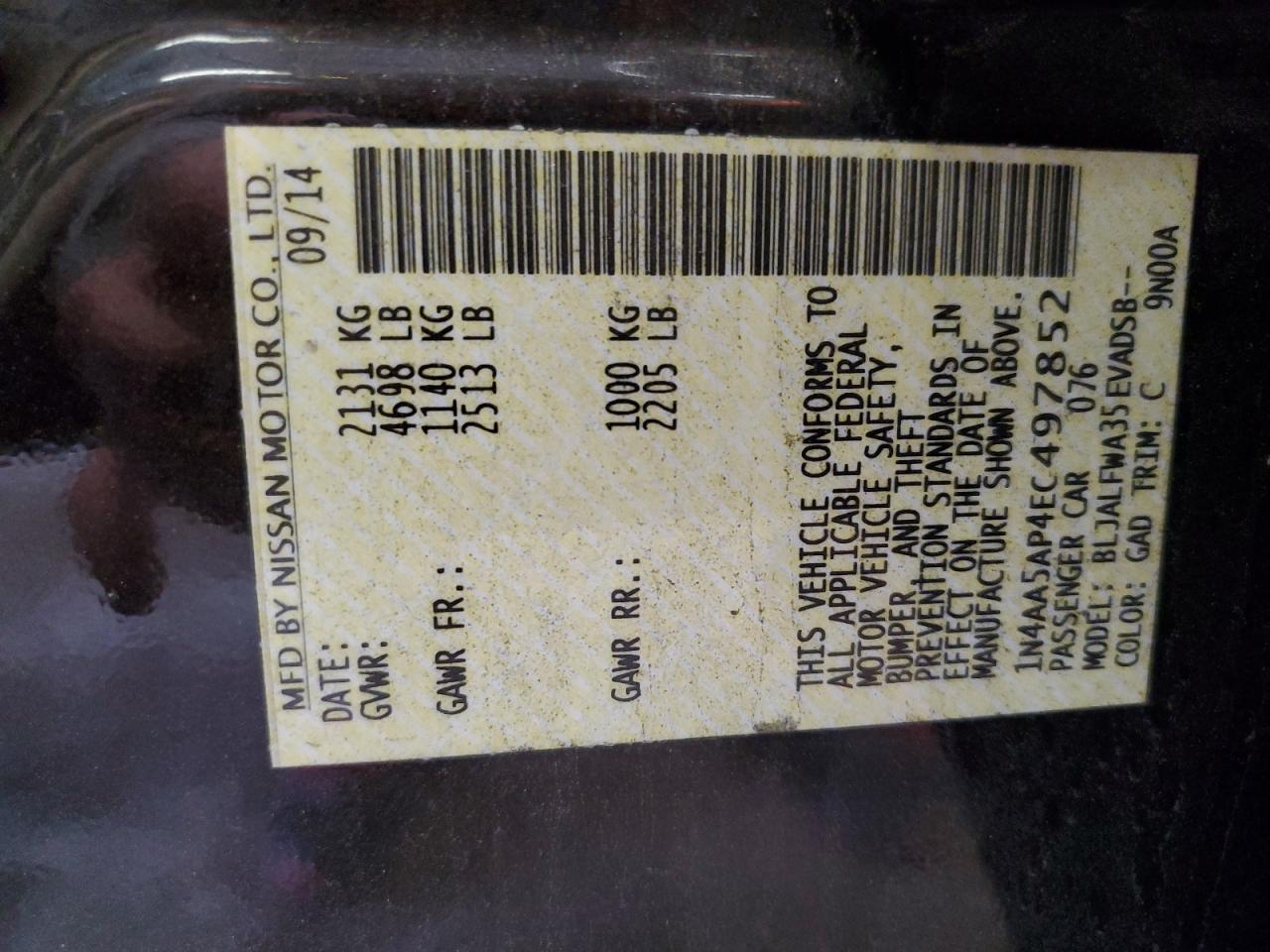 2014 Nissan Maxima S VIN: 1N4AA5AP4EC497852 Lot: 90354755