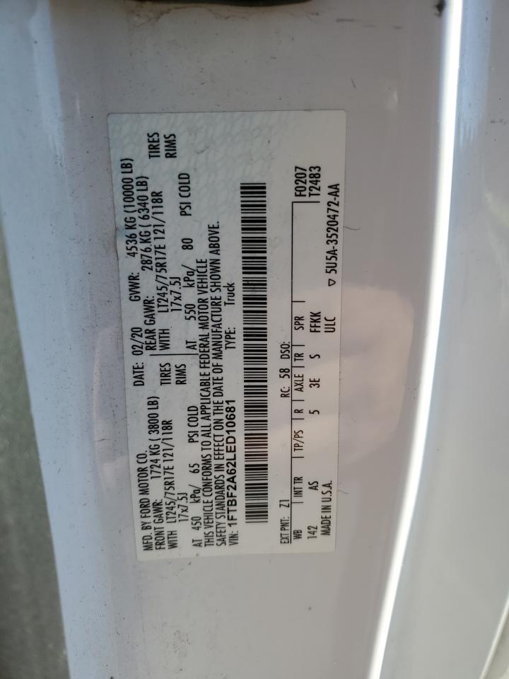 2020 Ford F250 Super Duty VIN: 1FTBF2A62LED10681 Lot: 91848945