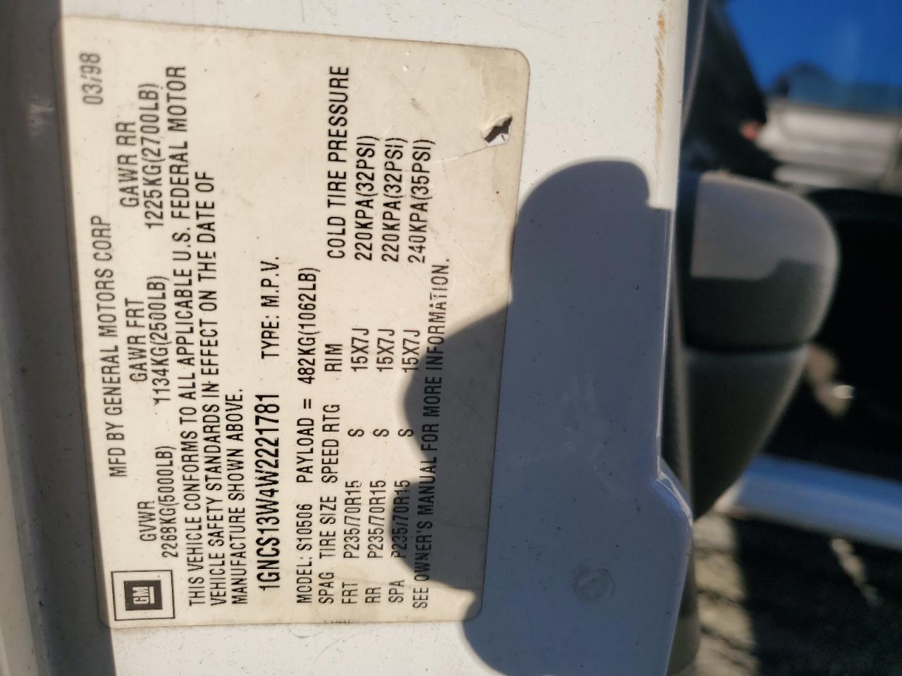 1998 Chevrolet Blazer VIN: 1GNCS13W4W2221781 Lot: 91845665