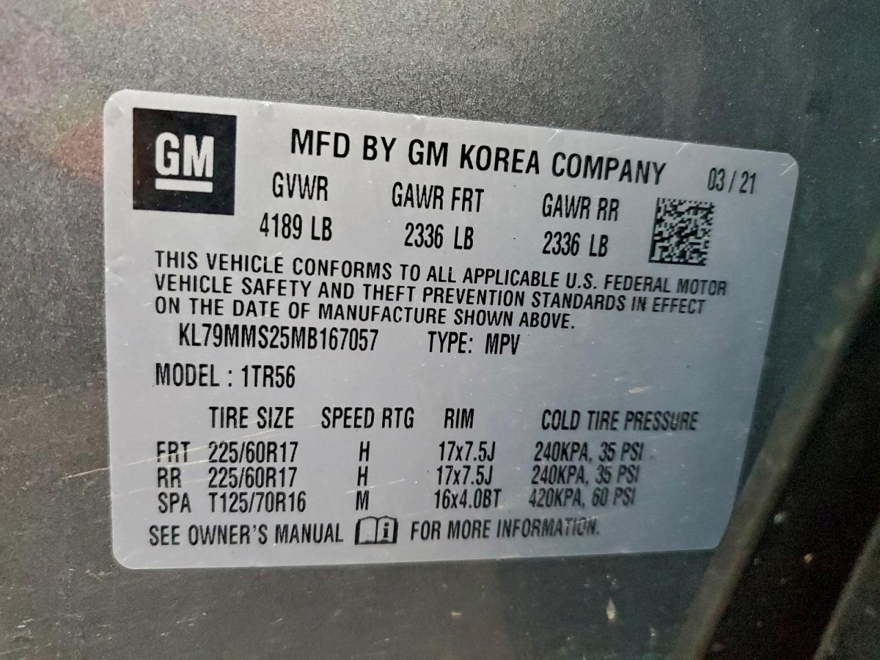 2021 Chevrolet Trailblazer Ls VIN: KL79MMS25MB167057 Lot: 93246855