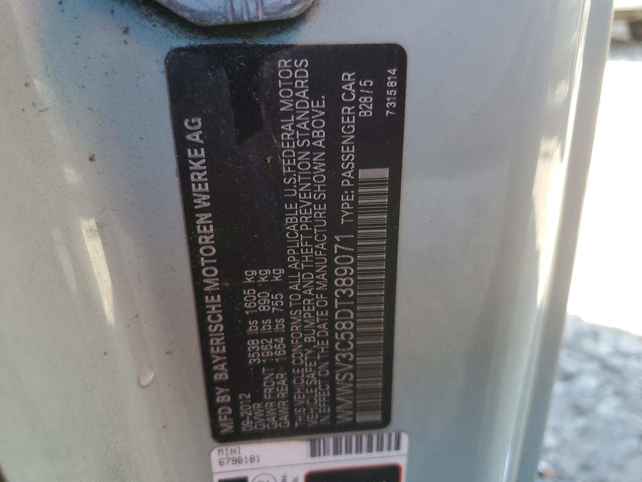 2013 Mini Cooper S VIN: WMWSV3C58DT389071 Lot: 91385215