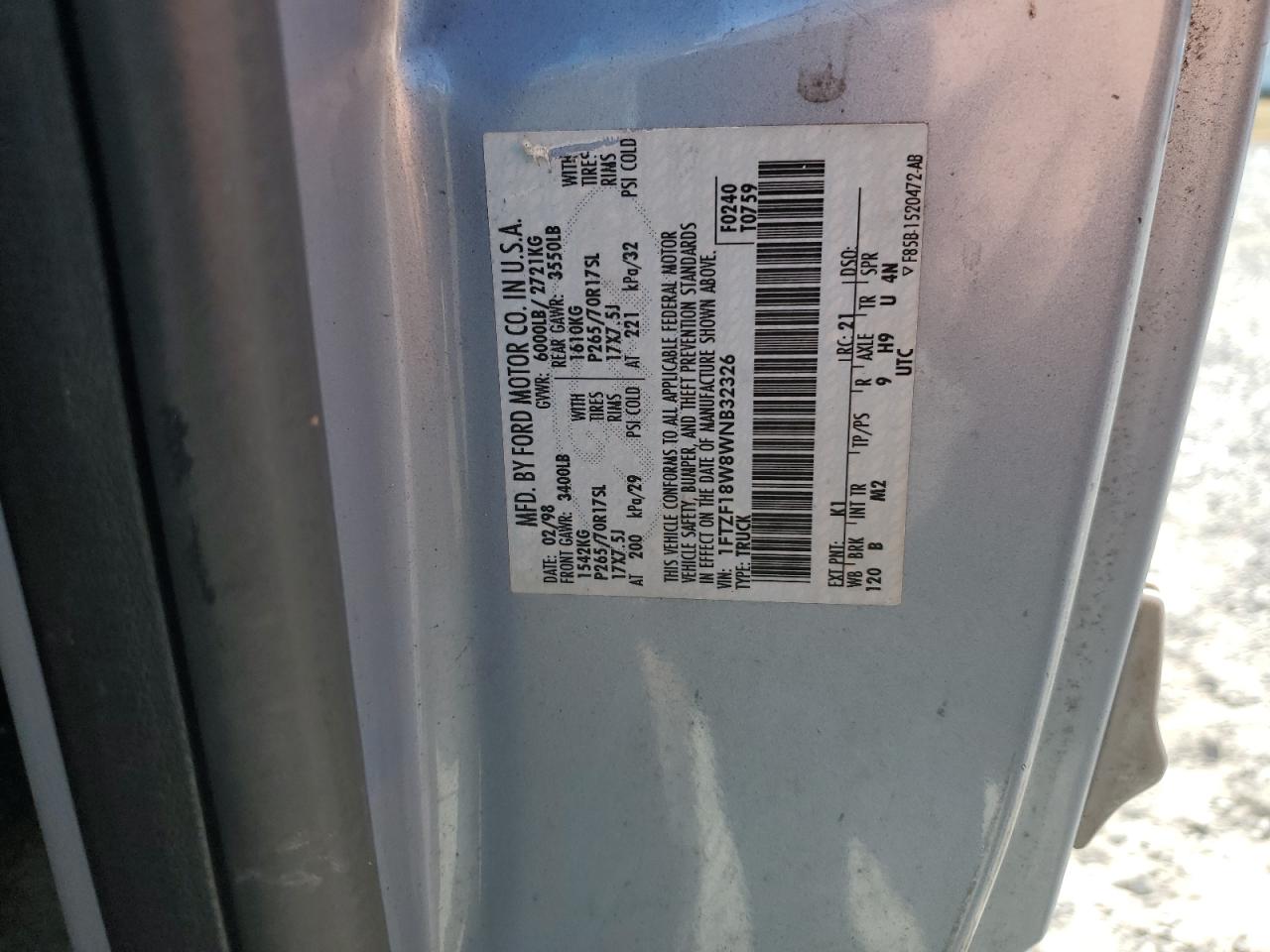 1998 Ford F150 VIN: 1FTZF18W8WNB32326 Lot: 91026795