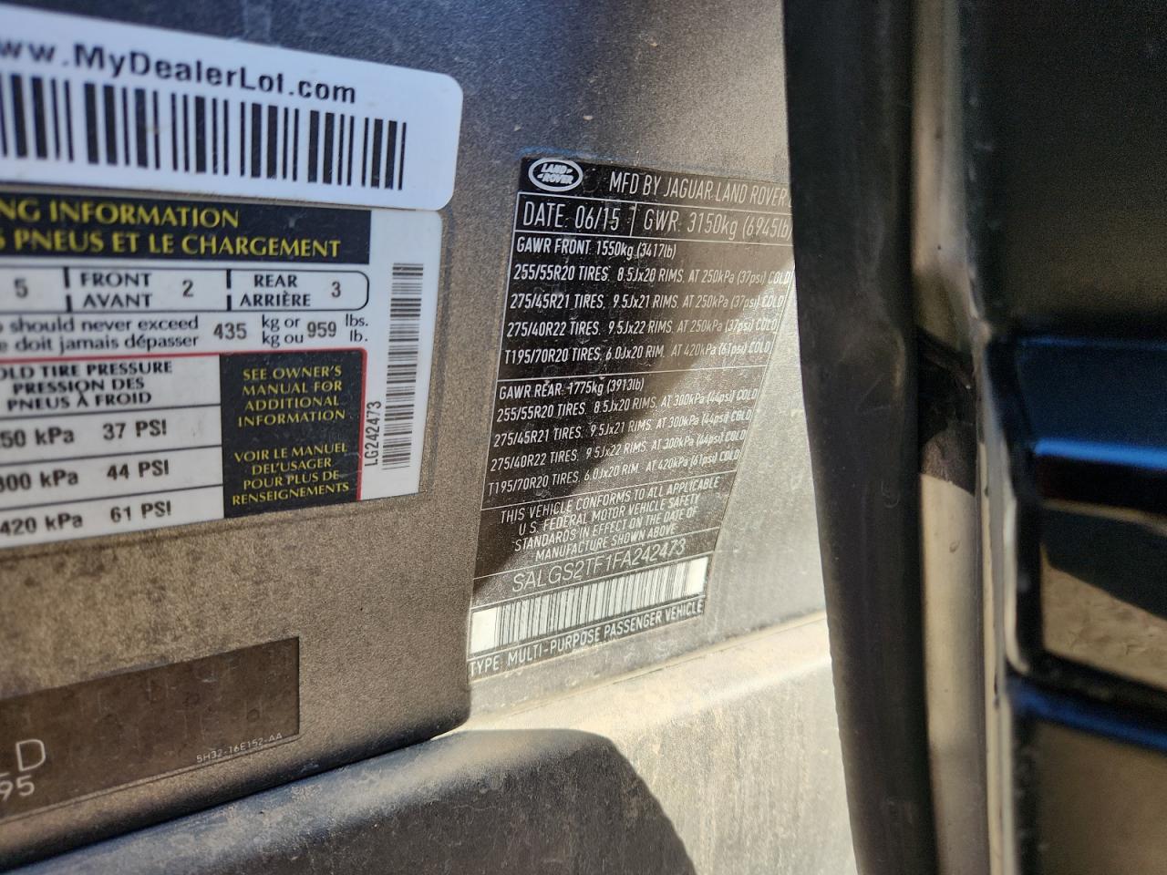 2015 Land Rover Range Rover Supercharged VIN: SALGS2TF1FA242473 Lot: 91033415