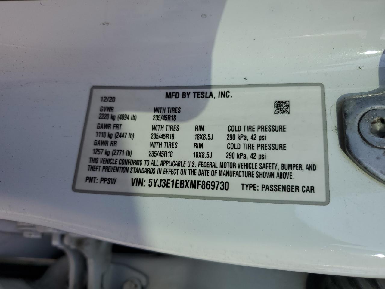 2021 Tesla Model 3 VIN: 5YJ3E1EBXMF869730 Lot: 92855045