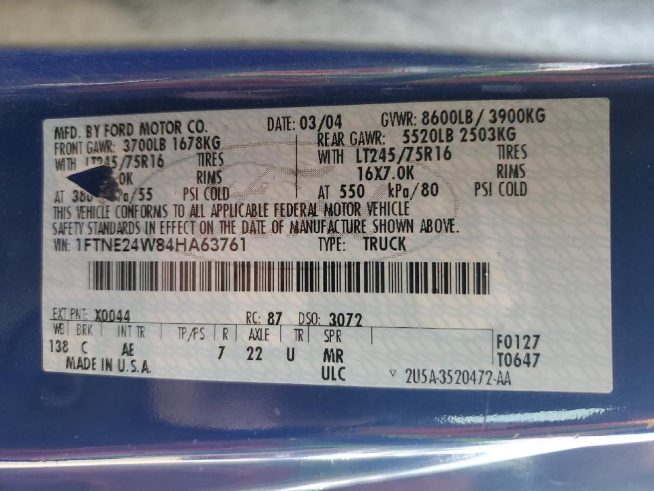 2004 Ford E250 Delivery Van VIN: 1FTNE24W84HA63761 Lot: 91498145