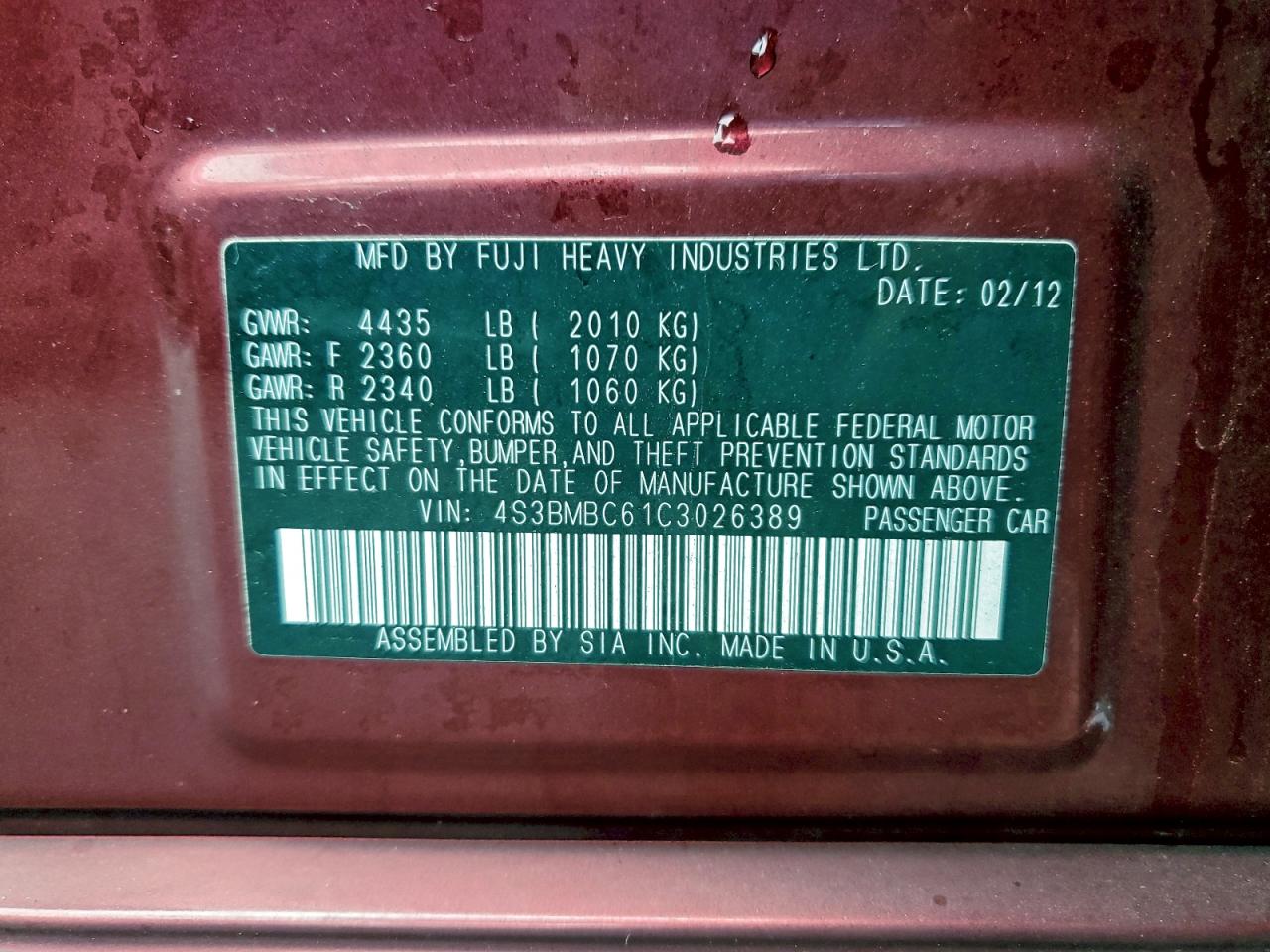 2012 Subaru Legacy 2.5I Premium VIN: 4S3BMBC61C3026389 Lot: 94328865