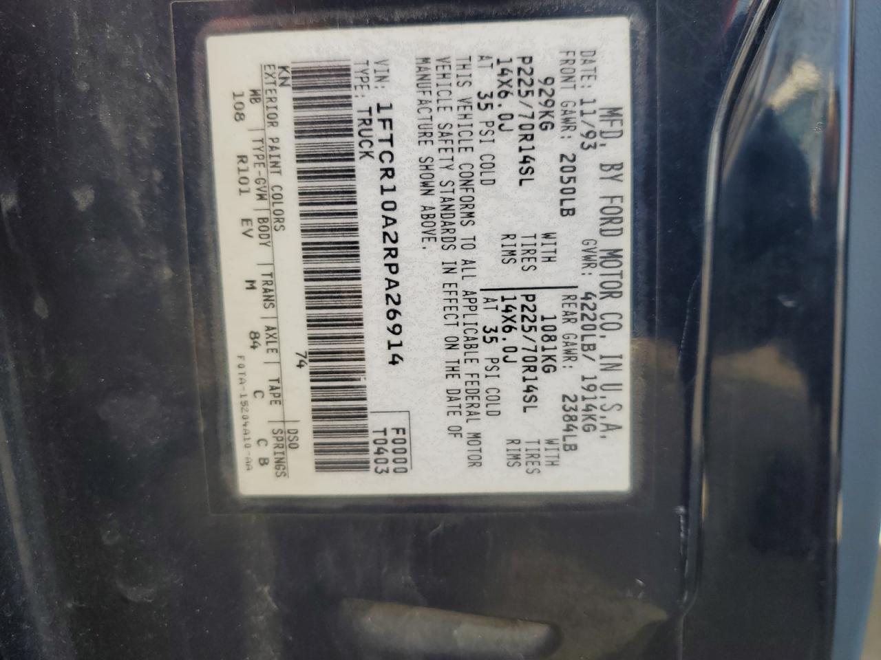 1994 Ford Ranger VIN: 1FTCR10A2RPA26914 Lot: 92442565