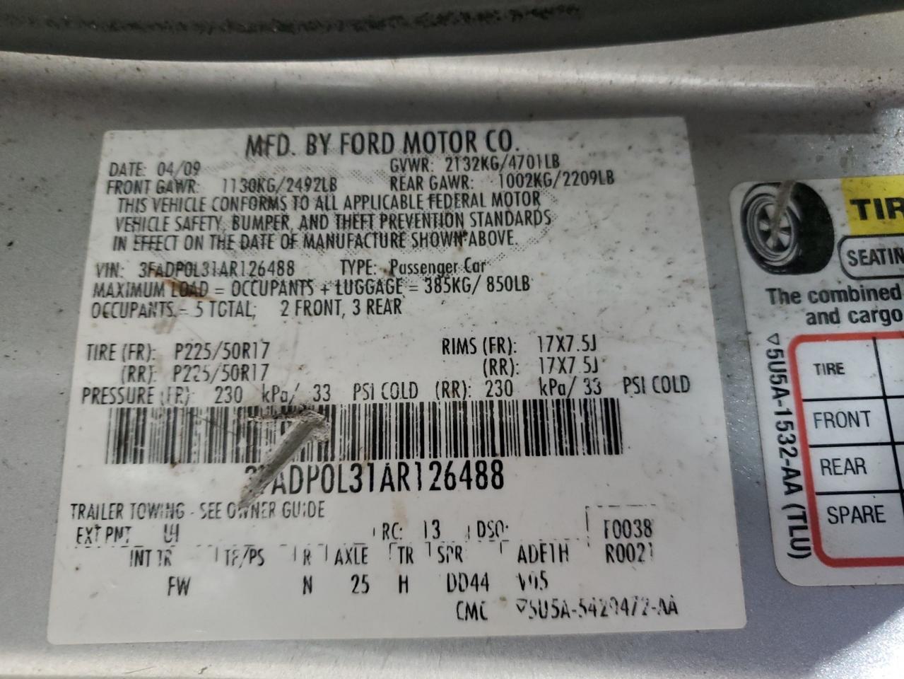 2010 Ford Fusion Hybrid VIN: 3FADP0L31AR126488 Lot: 91414935
