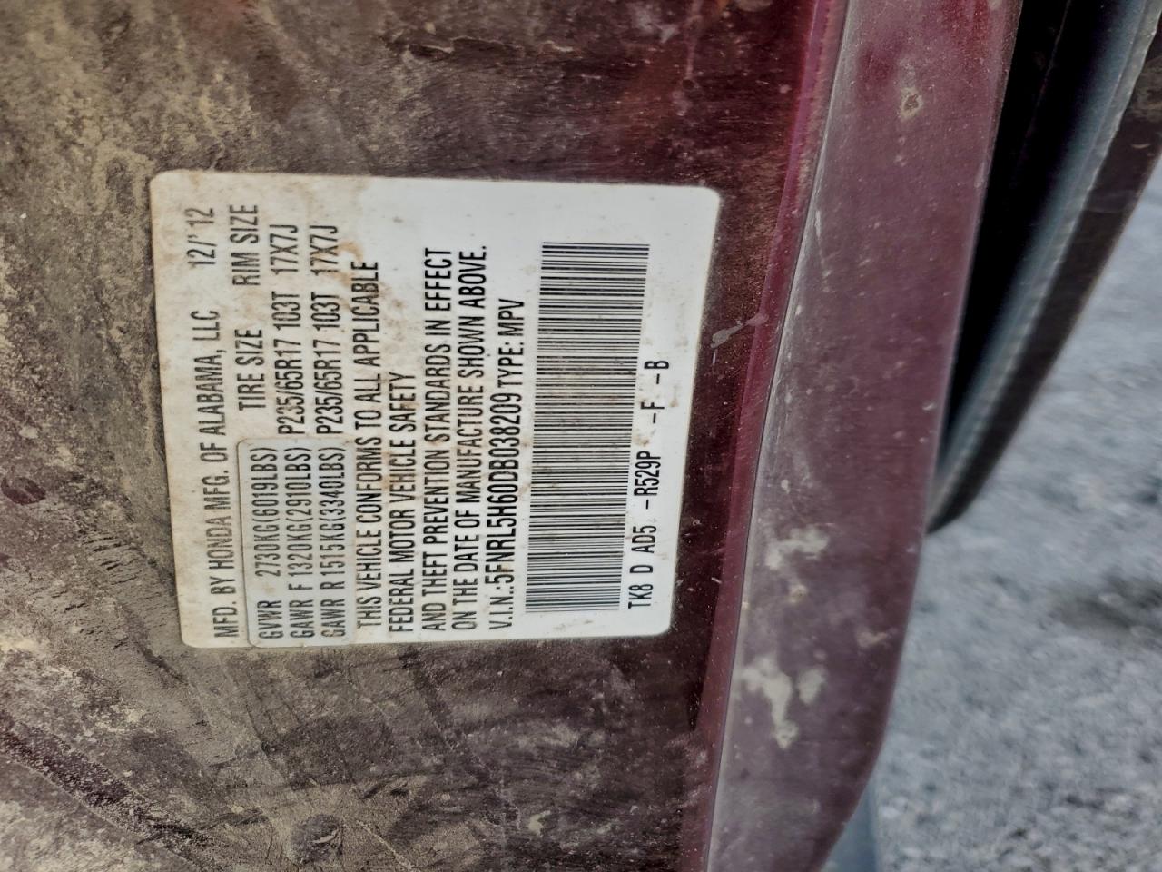 2013 Honda Odyssey Exl VIN: 5FNRL5H60DB038209 Lot: 92917995