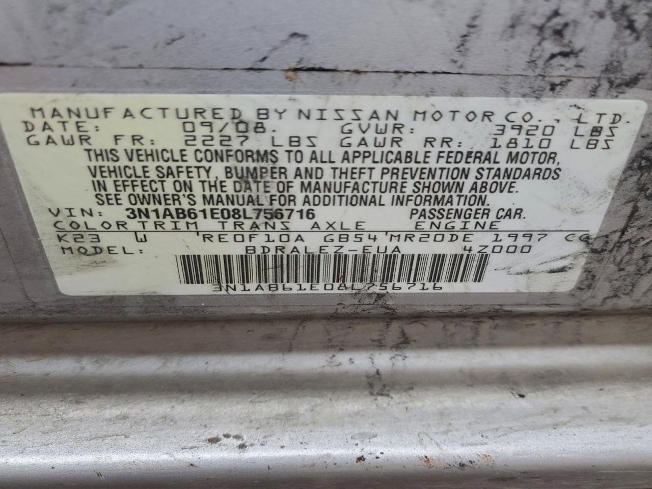 2008 Nissan Sentra 2.0 VIN: 3N1AB61E08L756716 Lot: 91828185