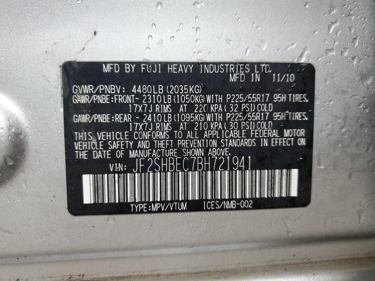 2011 Subaru Forester Limited VIN: JF2SHBEC7BH721941 Lot: 92661105