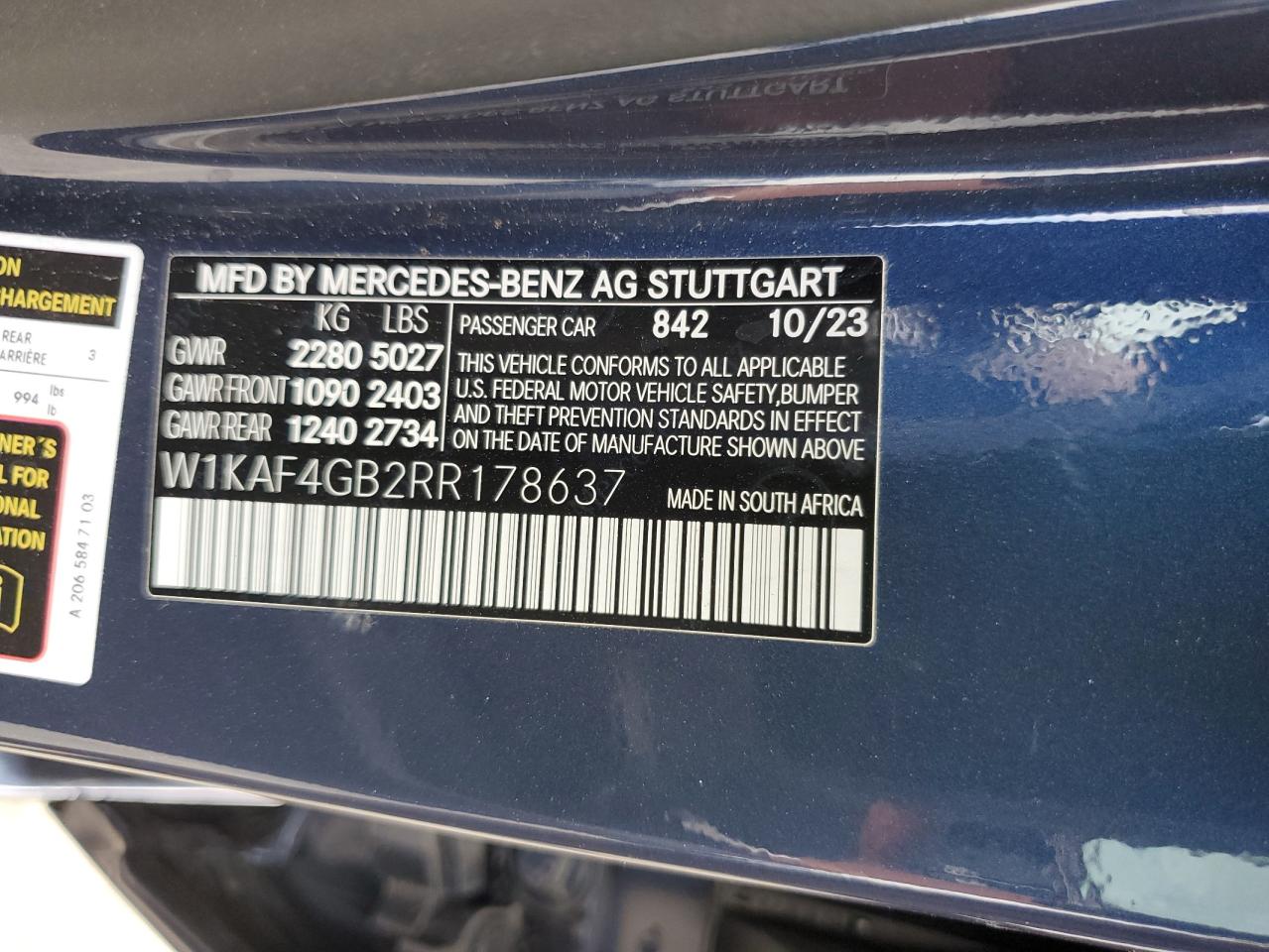 2024 Mercedes-Benz C 300 VIN: W1KAF4GB2RR178637 Lot: 91650685