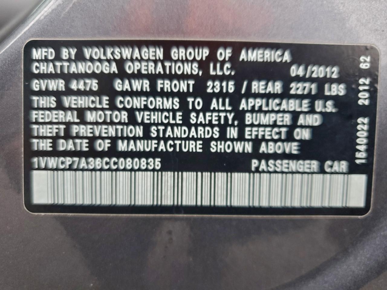 2012 Volkswagen Passat Sel VIN: 1VWCP7A36CC080835 Lot: 94231915