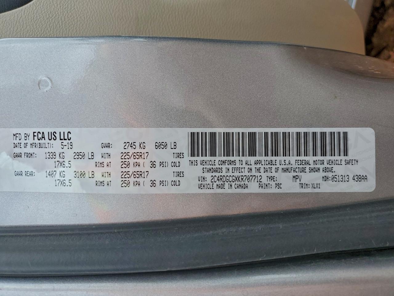 2019 Dodge Grand Caravan Sxt VIN: 2C4RDGCGXKR707712 Lot: 94170865