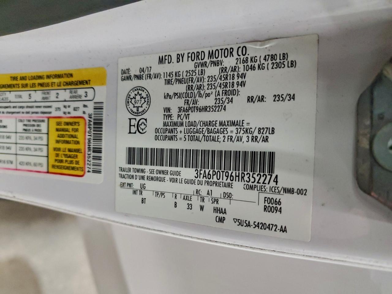 2017 Ford Fusion Se VIN: 3FA6P0T96HR352274 Lot: 93897195