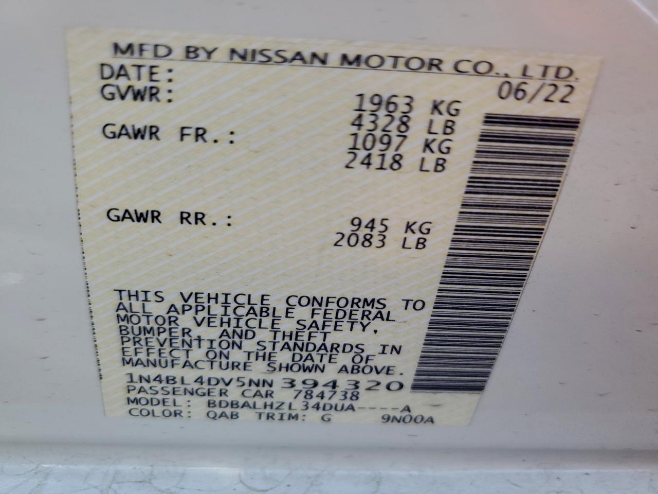 2022 Nissan Altima Sv VIN: 1N4BL4DV5NN394320 Lot: 93706585