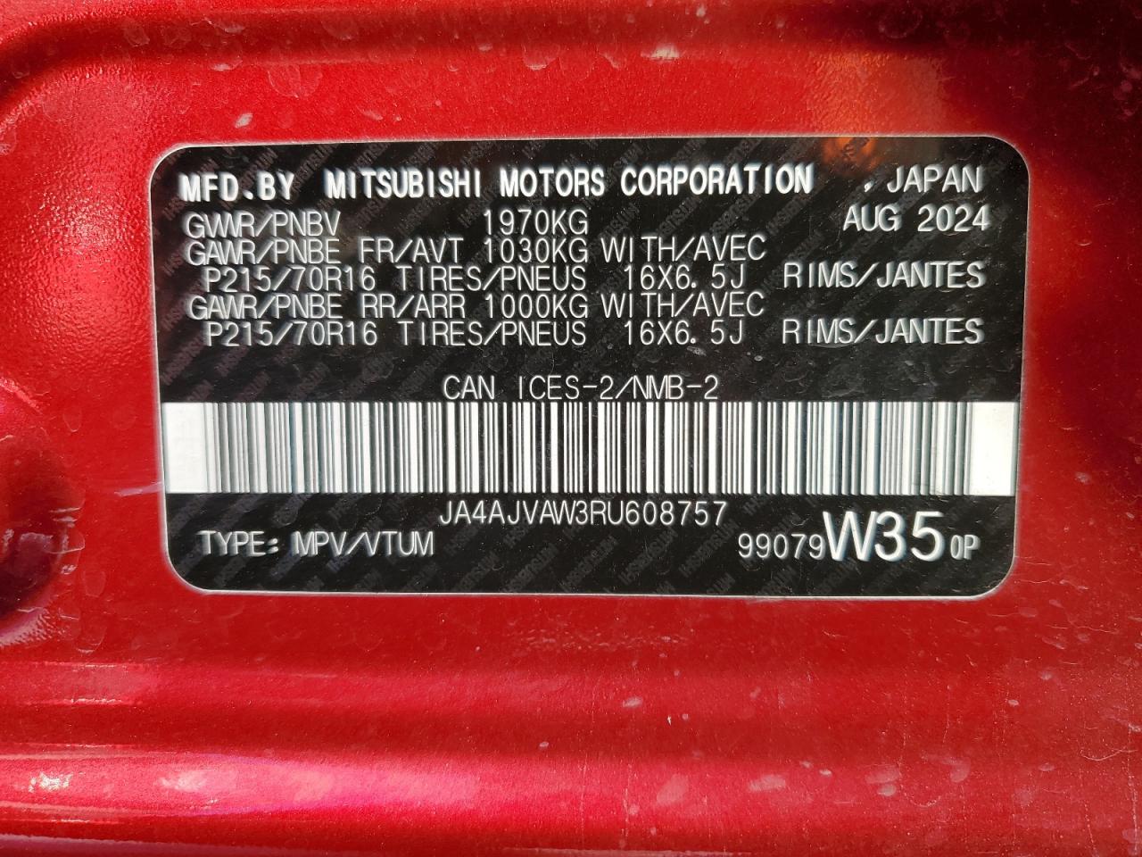 2024 Mitsubishi Rvr Se VIN: JA4AJVAW3RU608757 Lot: 90060615