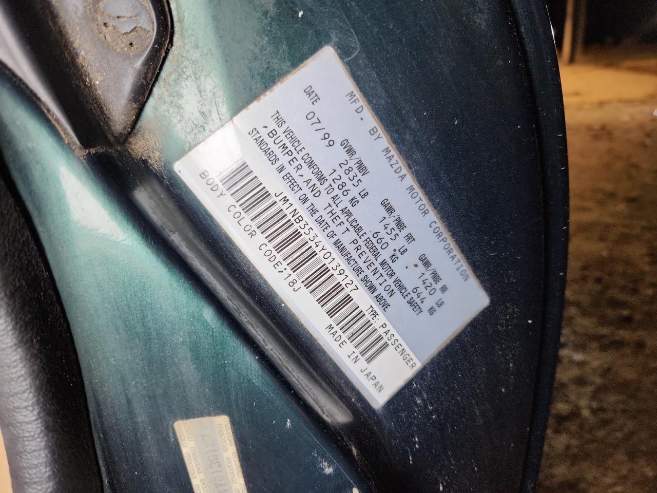 2000 Mazda Mx-5 Miata Base VIN: JM1NB3534Y0139127 Lot: 93740535