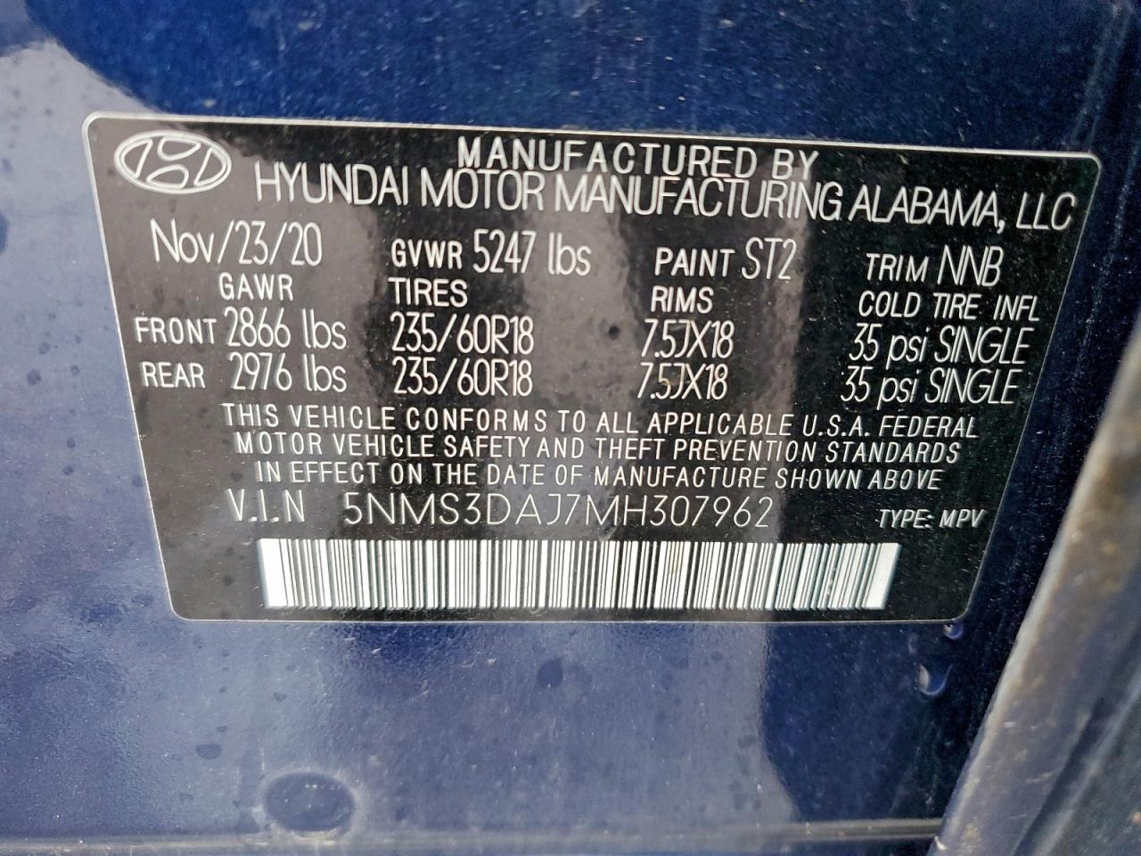 2021 Hyundai Santa Fe Sel VIN: 5NMS3DAJ7MH307962 Lot: 93722265