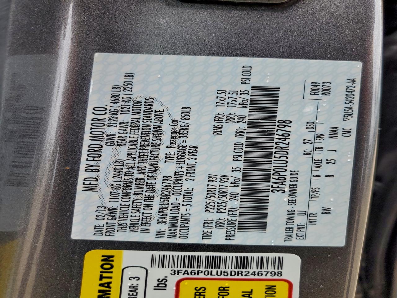 2013 Ford Fusion Se Hybrid VIN: 3FA6P0LU5DR246798 Lot: 94428035