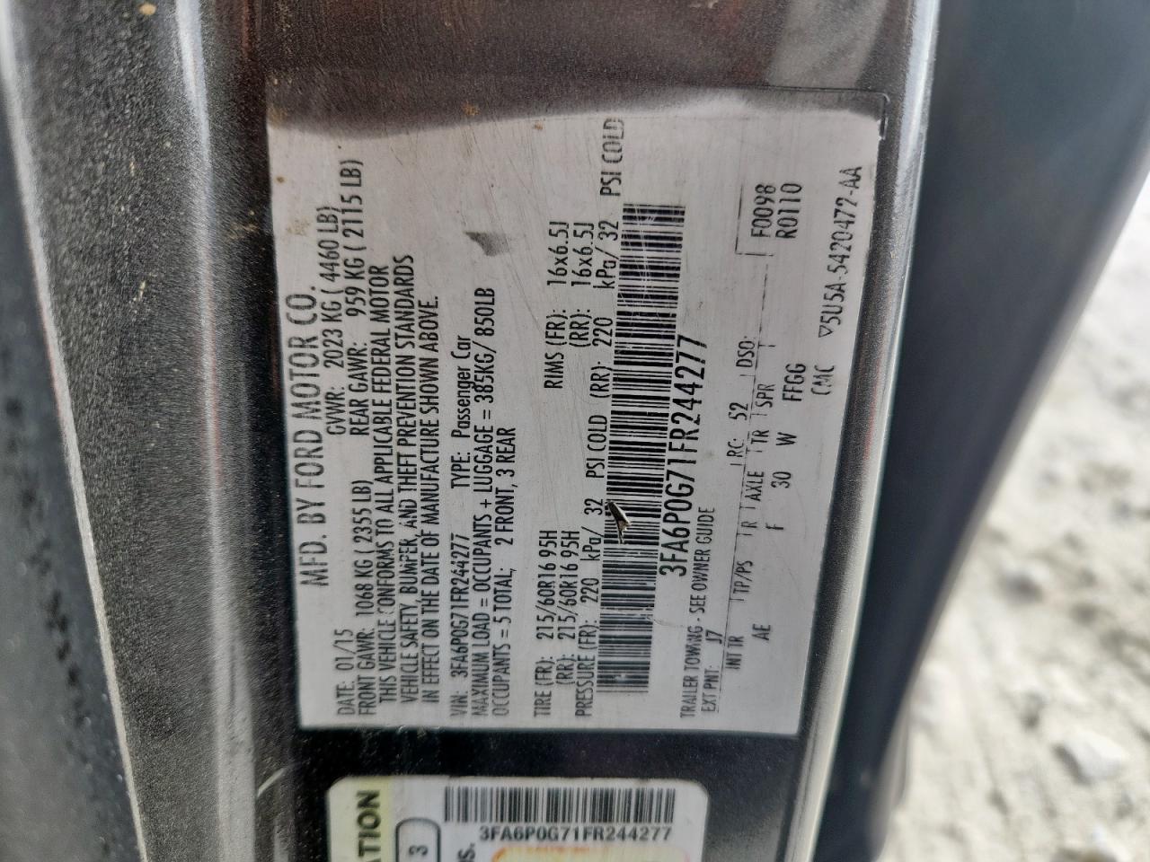 2015 Ford Fusion S VIN: 3FA6P0G71FR244277 Lot: 92243265