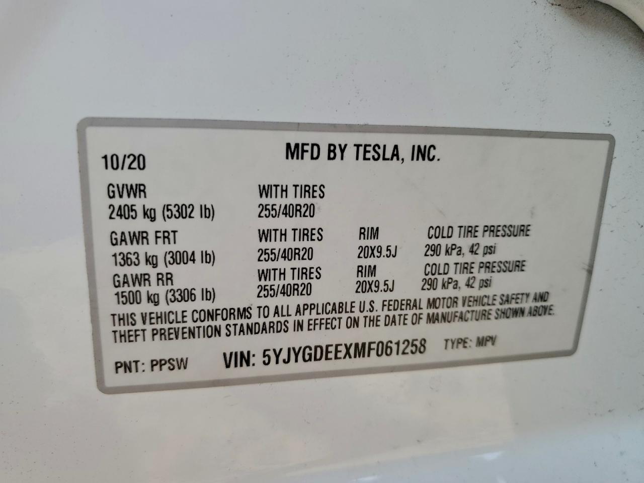 2021 Tesla Model Y VIN: 5YJYGDEEXMF061258 Lot: 93935845