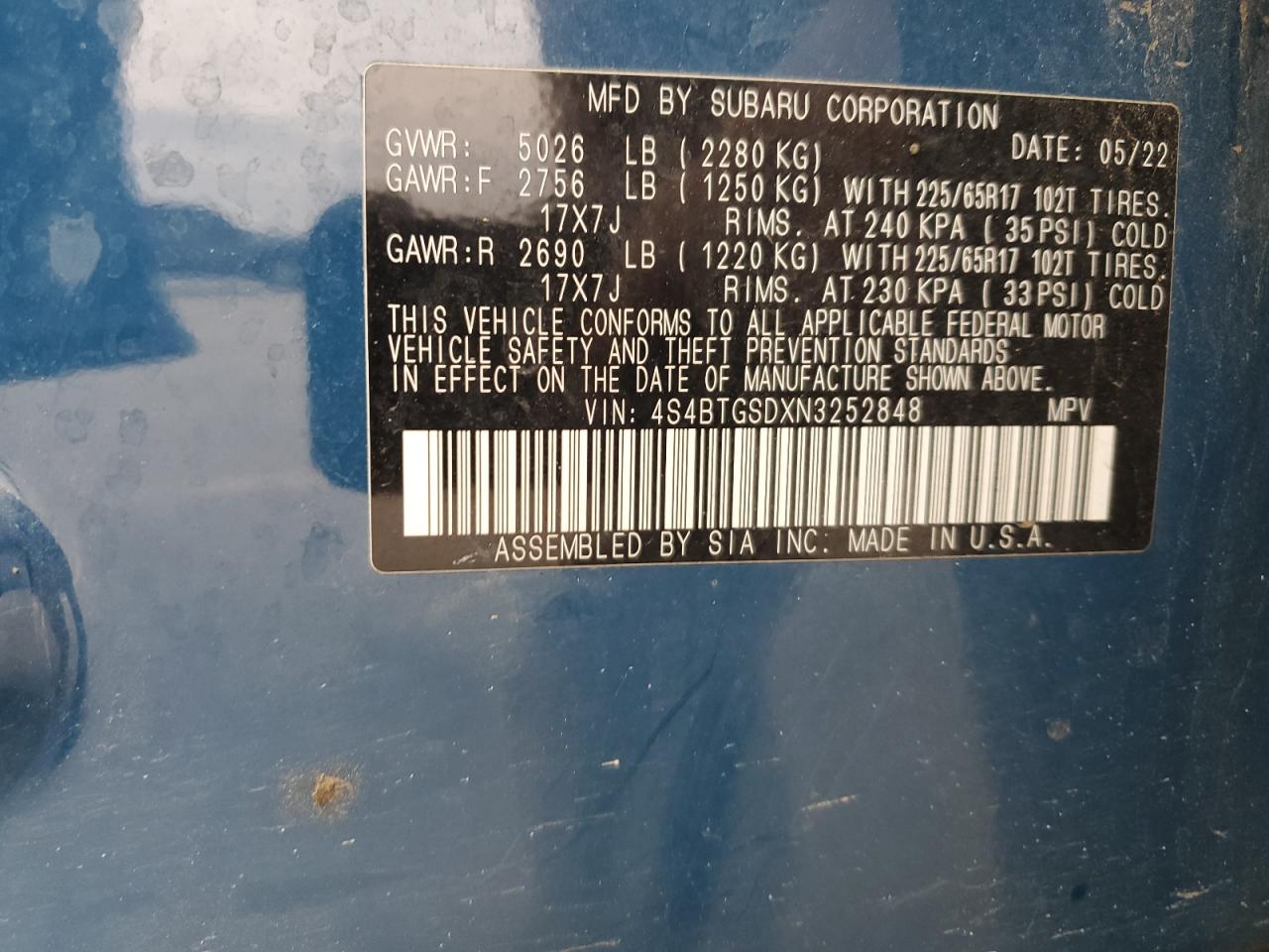 2022 Subaru Outback Wilderness VIN: 4S4BTGSDXN3252848 Lot: 93719125