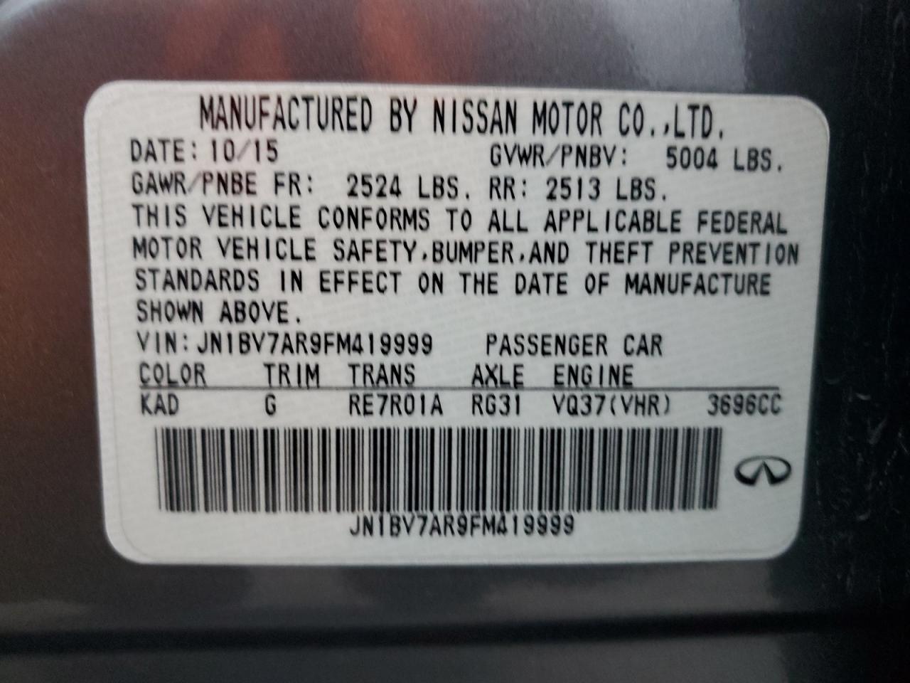 2015 Infiniti Q50 Base VIN: JN1BV7AR9FM419999 Lot: 92846565