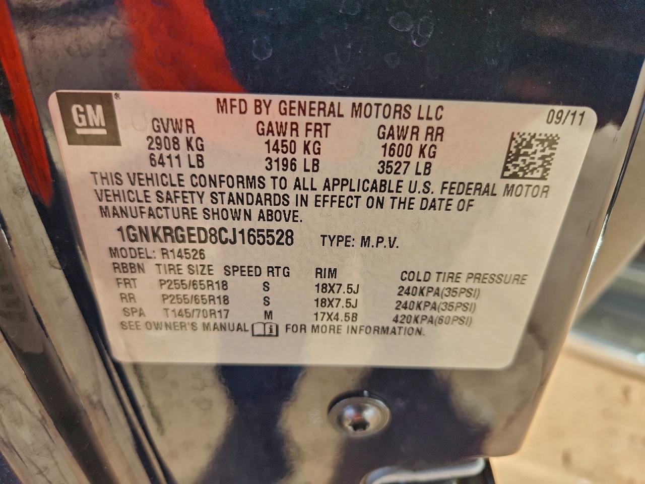 2012 Chevrolet Traverse Lt VIN: 1GNKRGED8CJ165528 Lot: 94689045