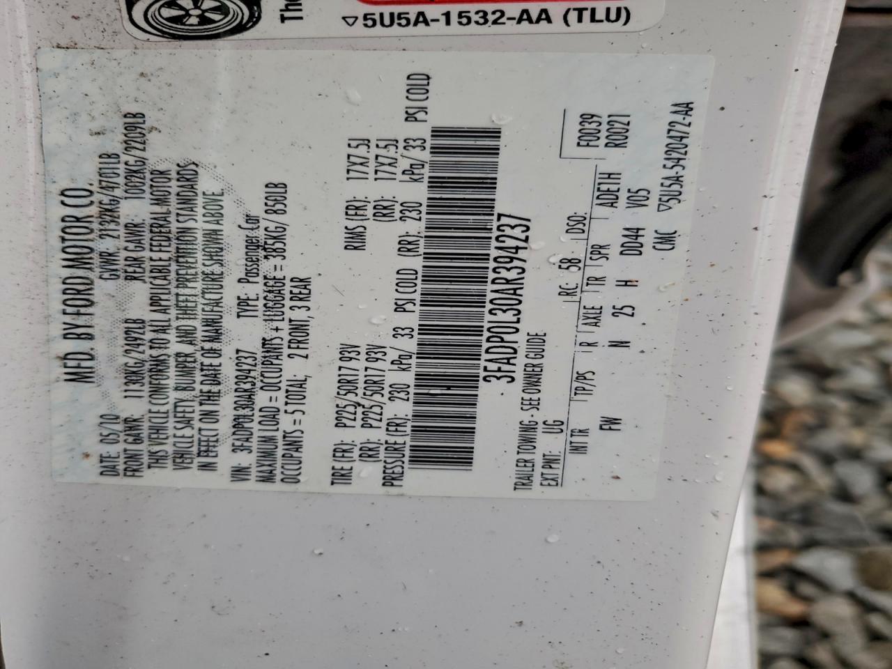 2010 Ford Fusion Hybrid VIN: 3FADP0L30AR394237 Lot: 93926285