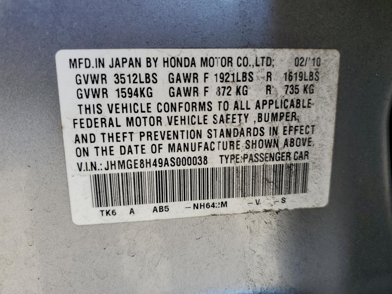 2010 Honda Fit Sport VIN: JHMGE8H49AS000038 Lot: 91859625