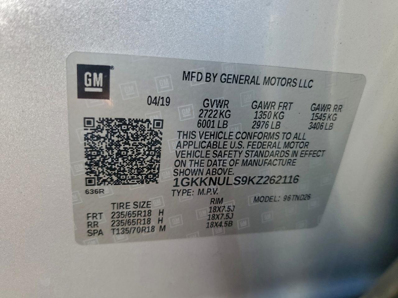 2019 GMC Acadia Slt-1 VIN: 1GKKNULS9KZ262116 Lot: 94524765