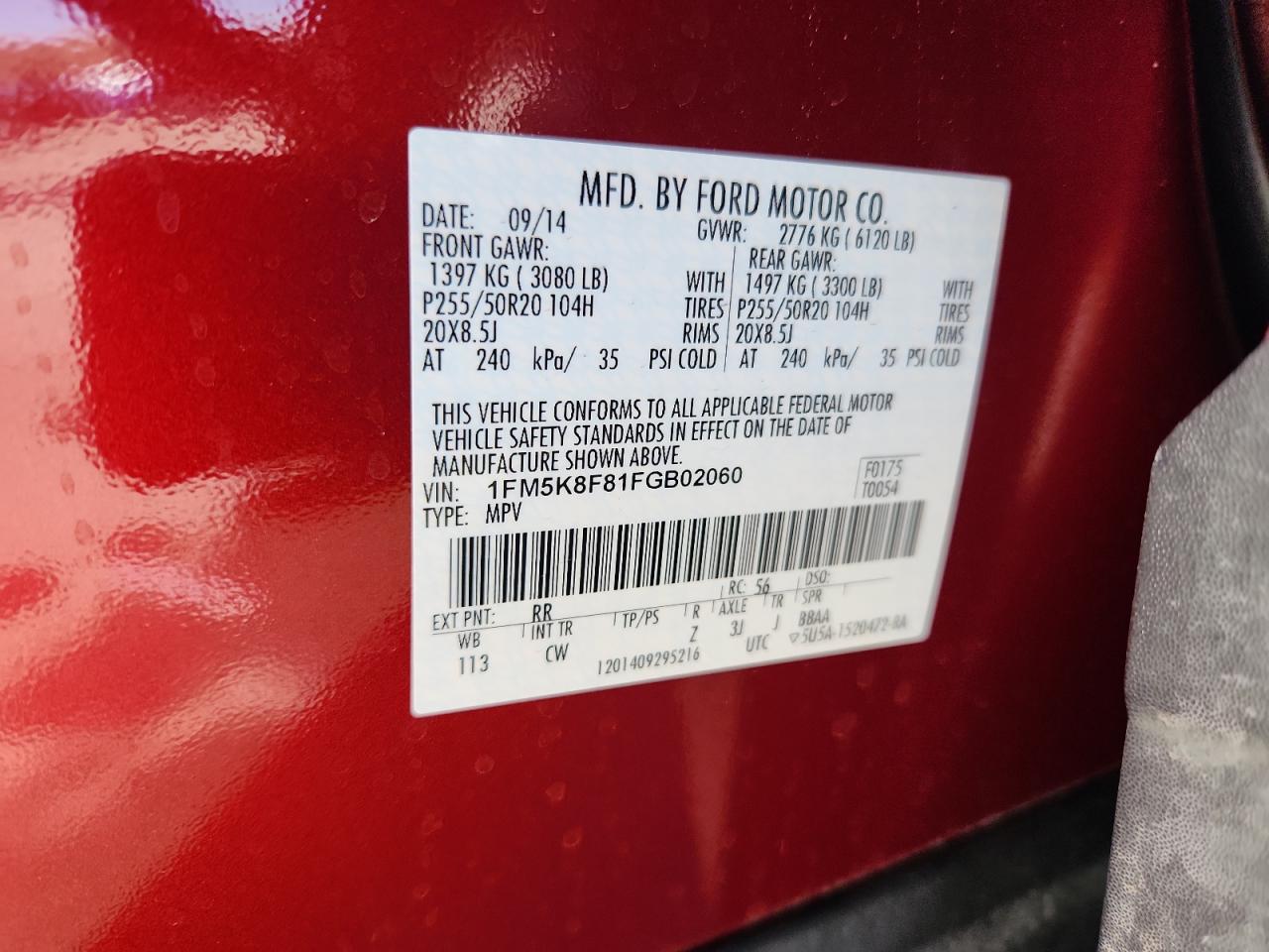 2015 Ford Explorer Limited VIN: 1FM5K8F81FGB02060 Lot: 91241775