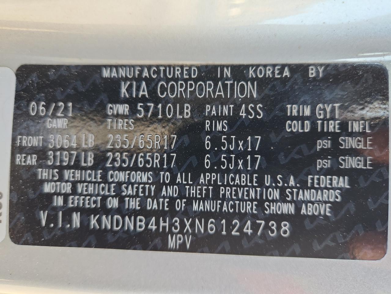 2022 Kia Carnival Lx VIN: KNDNB4H3XN6124738 Lot: 91714175