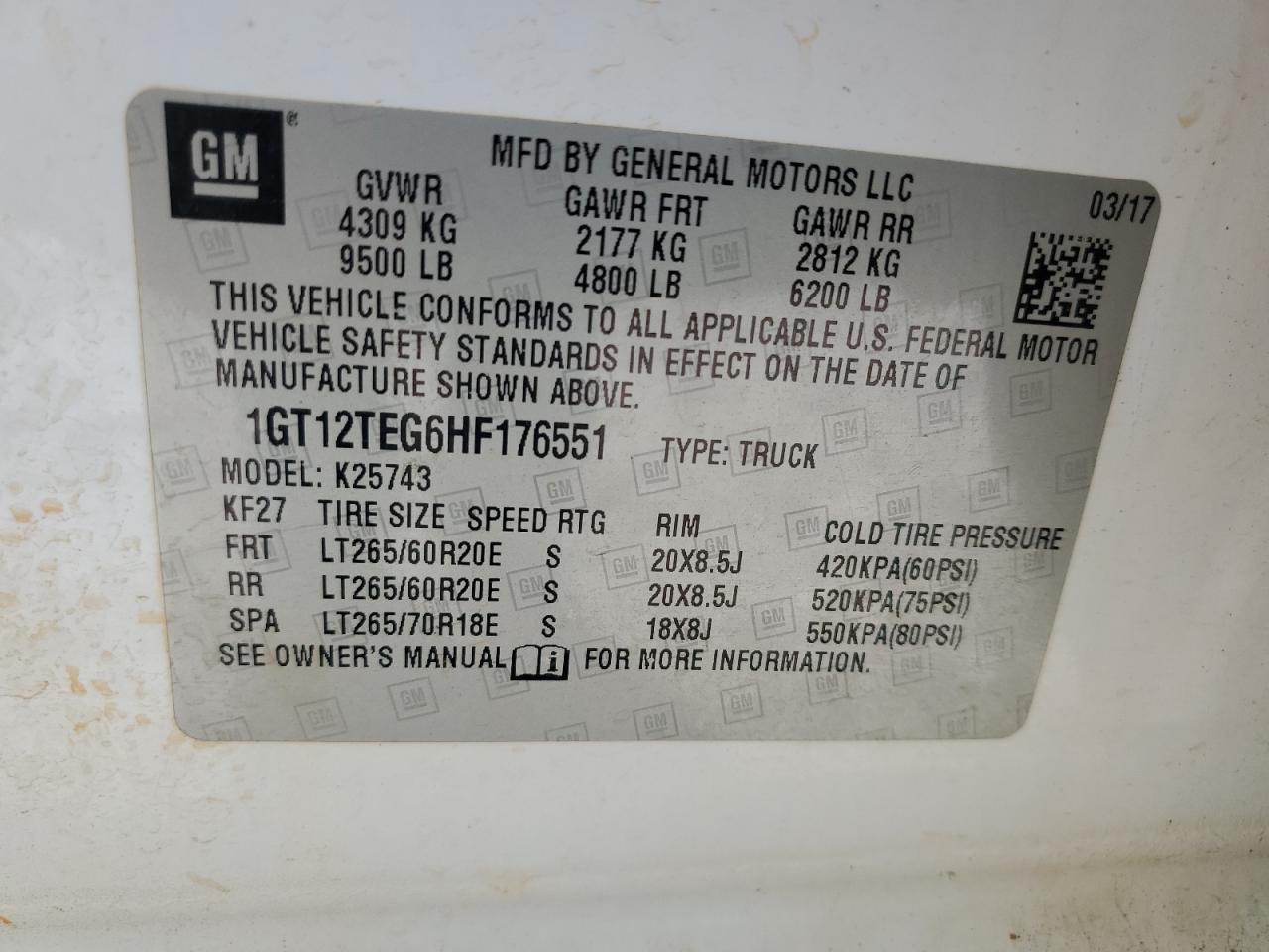 2017 GMC Sierra K2500 Slt VIN: 1GT12TEG6HF176551 Lot: 92429265