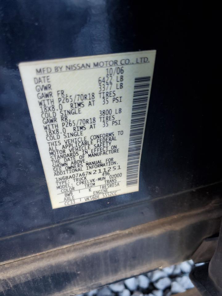 2007 Nissan Titan Xe VIN: 1N6BA07A67N211251 Lot: 91870275