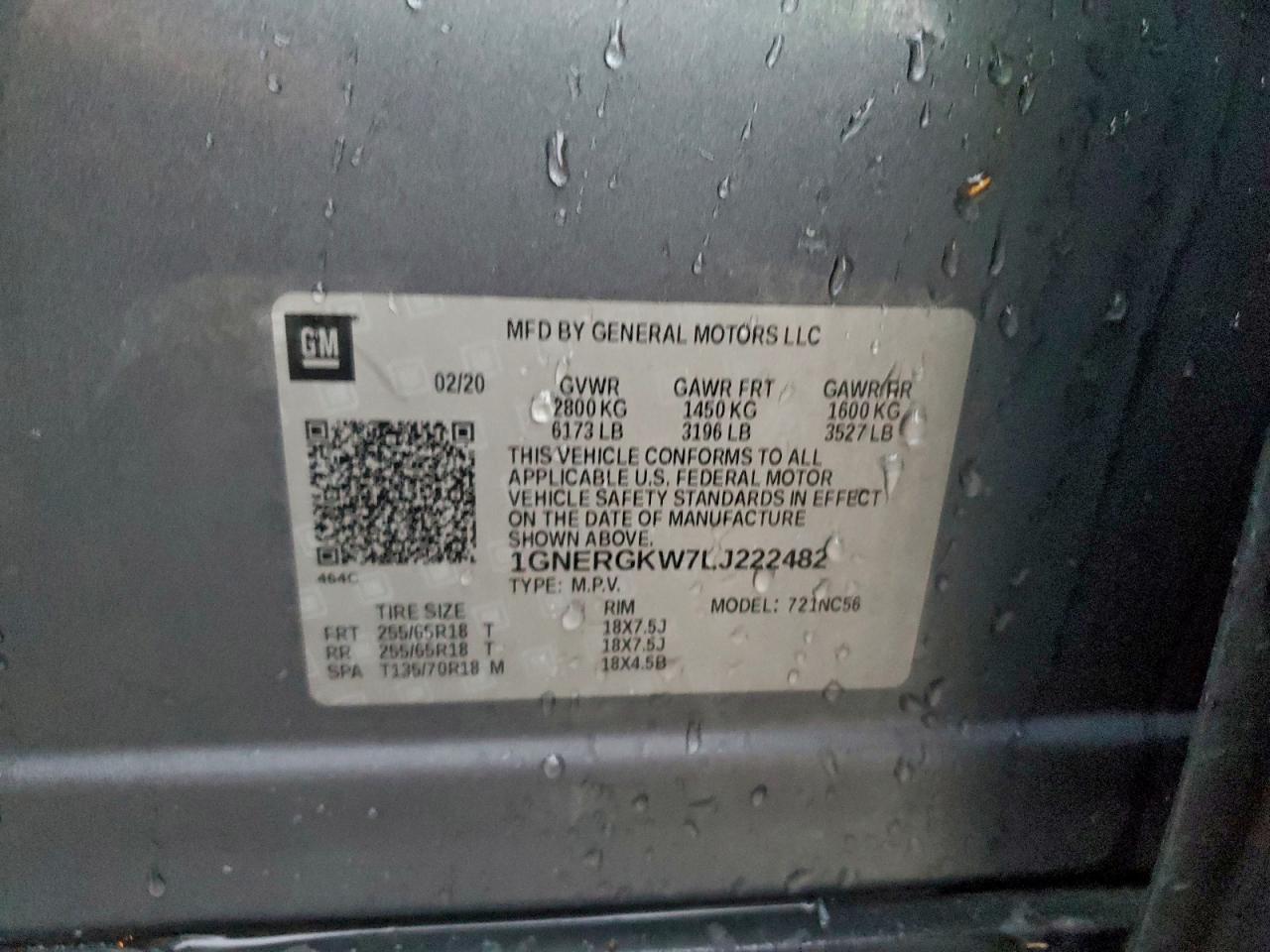 2020 Chevrolet Traverse Lt VIN: 1GNERGKW7LJ222482 Lot: 93966245