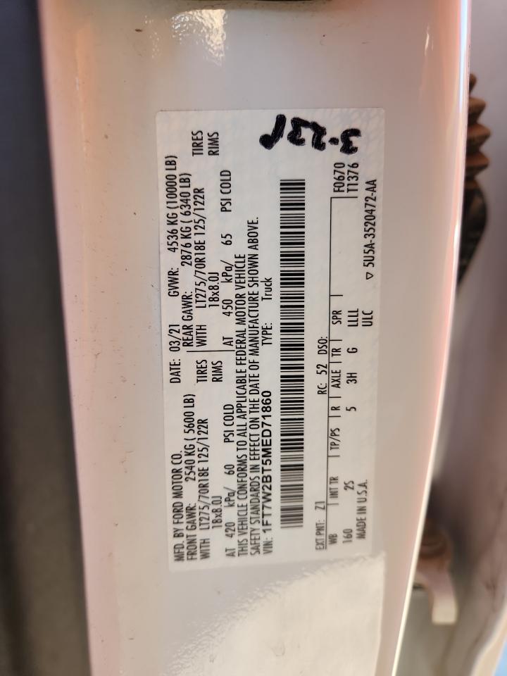 2021 Ford F250 Super Duty VIN: 1FT7W2BT5MED71860 Lot: 91312685