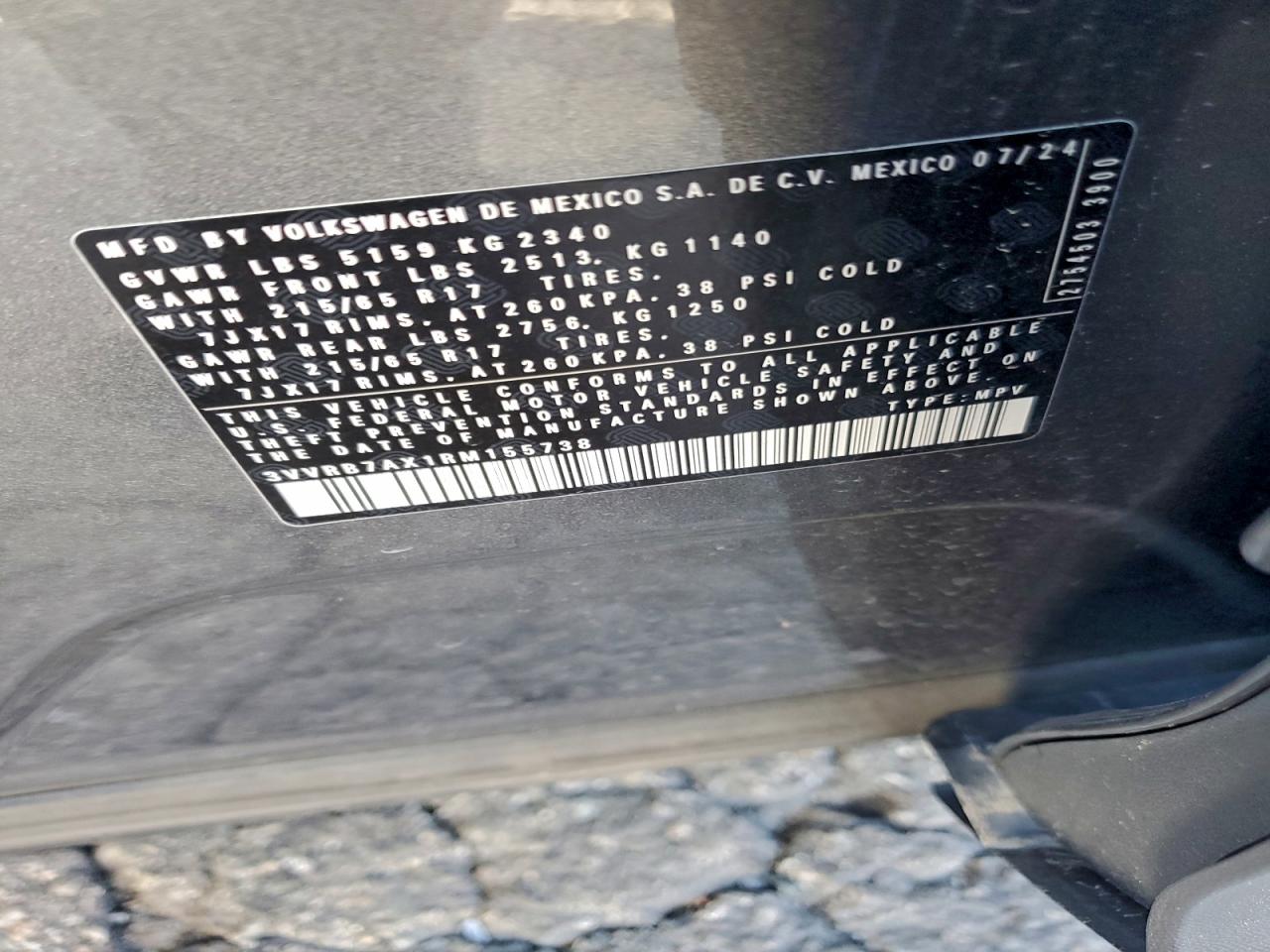 2024 Volkswagen Tiguan S VIN: 3VVRB7AX1RM155738 Lot: 94345325